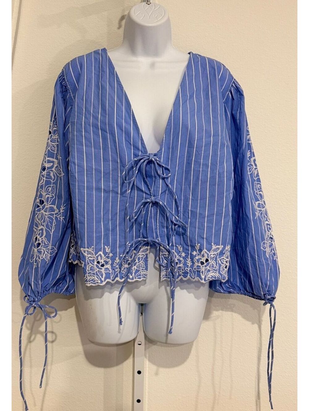 Future Collective Blue White Floral Embroidery Tie-Front Long Sleeve Blouse
